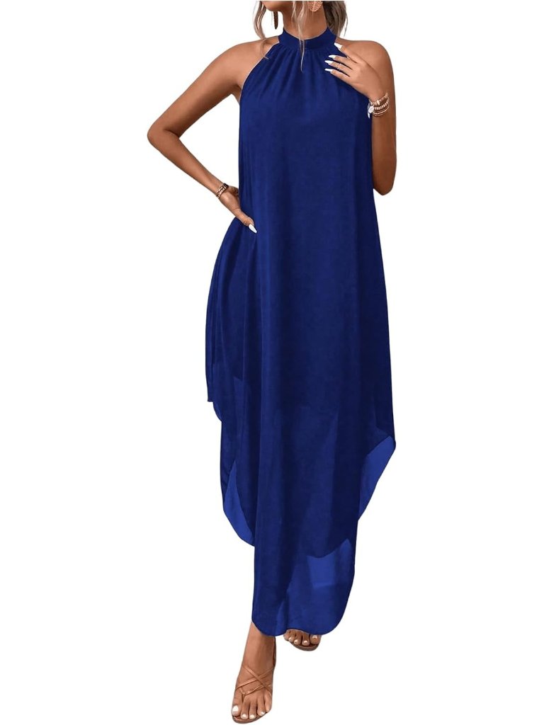 Women's Royal Blue Halter Neck Flowy Polyester Chiffon Asymmetrical Maxi Dress